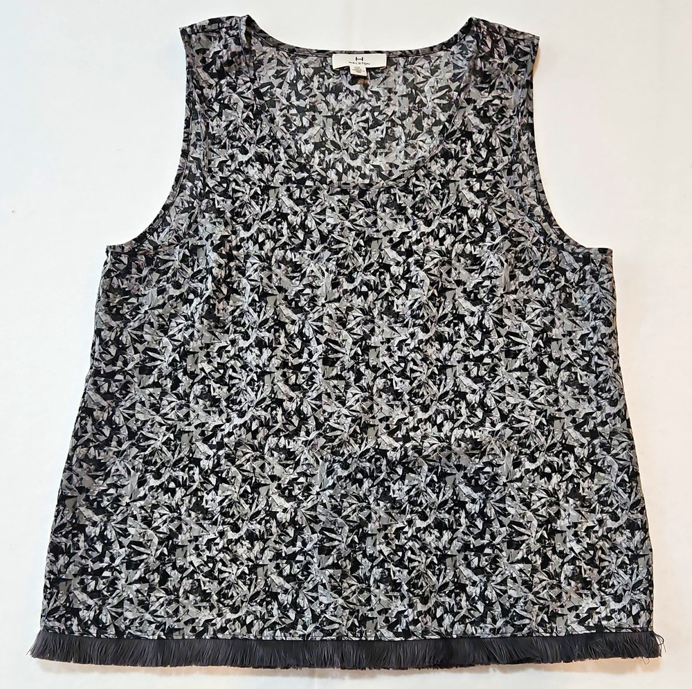 Halston Black Gray White Abstract Woven Tank Scoop Neck Fringe Hem Women's L